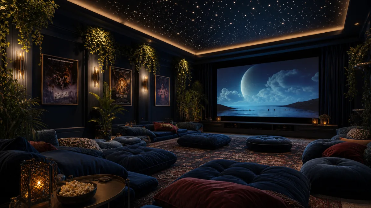 a luxuriously styled floor-seating home theater with deep navy walls, velvet cushions,…