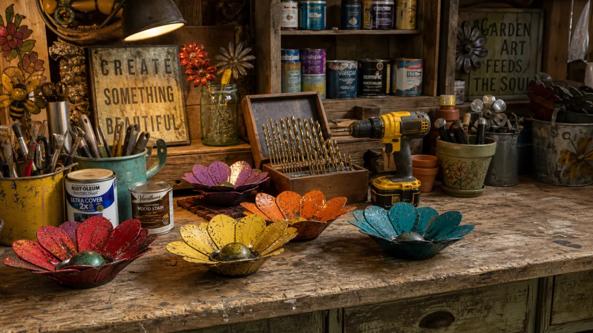 a rustic wooden workbench covered with colorful metal bowls, paint cans, drill…