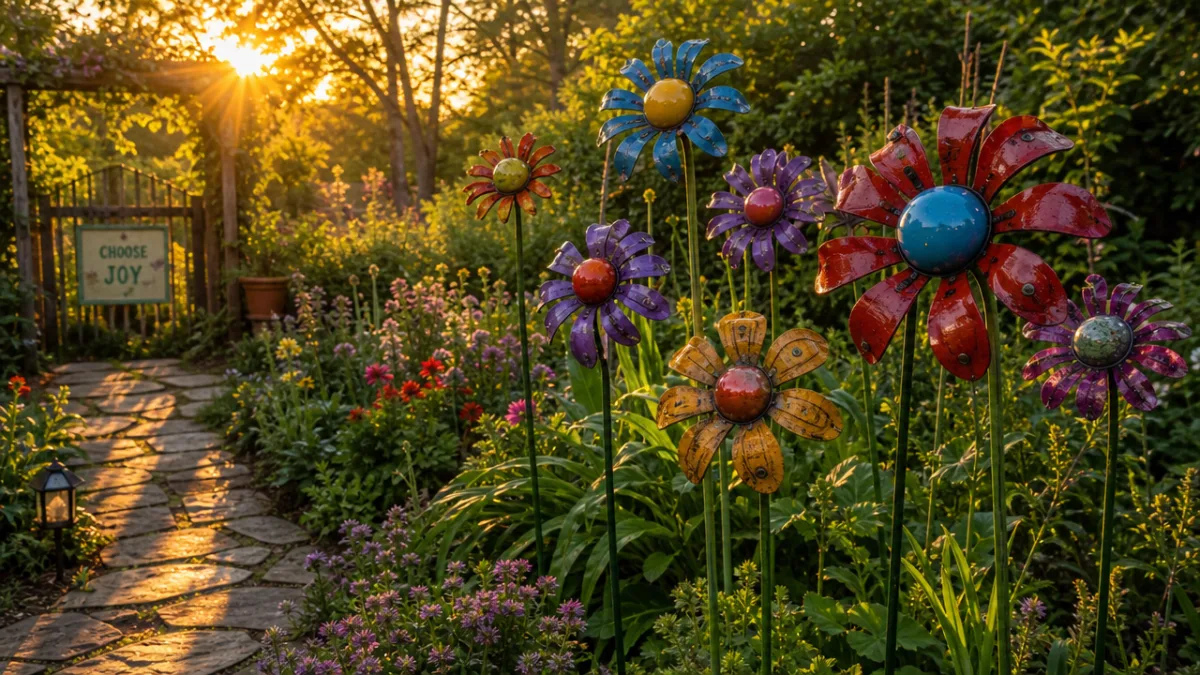 a lush green garden featuring colorful handmade metal screwball flowers on tall…