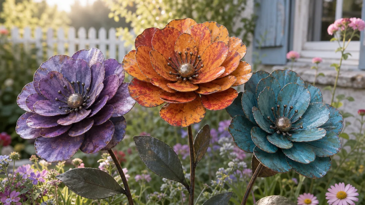 a close-up of three vibrant handmade metal flowers with layered petals in…