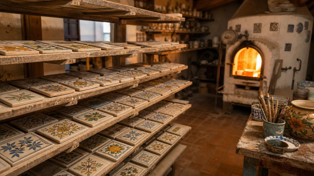 a ceramic artist's workshop with rows of hand-painted tiles drying on shelves,…