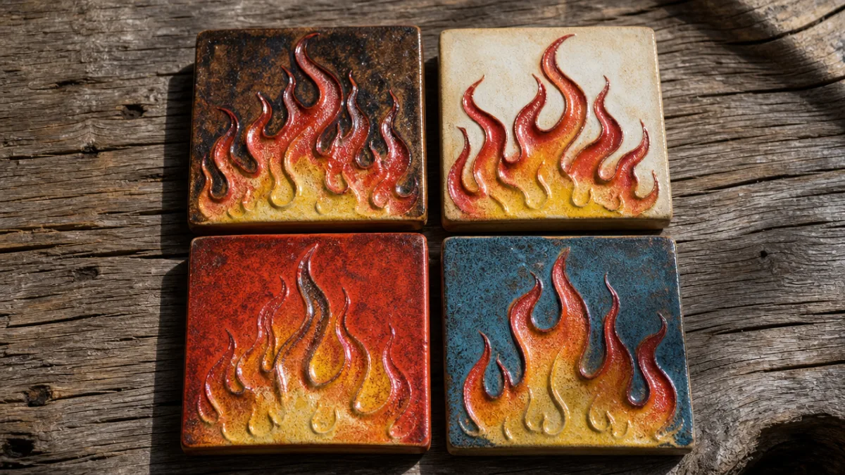 finished decorative fire art tiles arranged on a rustic wooden surface, natural…