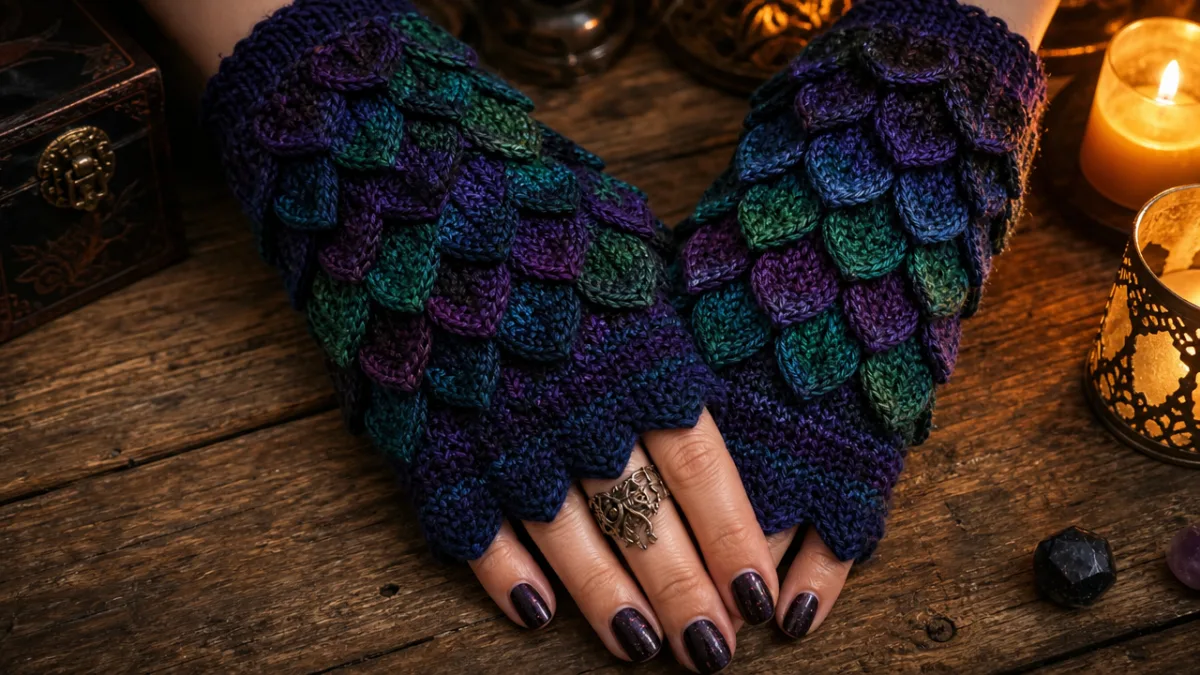 close-up of richly textured knitted dragon scale fingerless mitts in deep jewel…