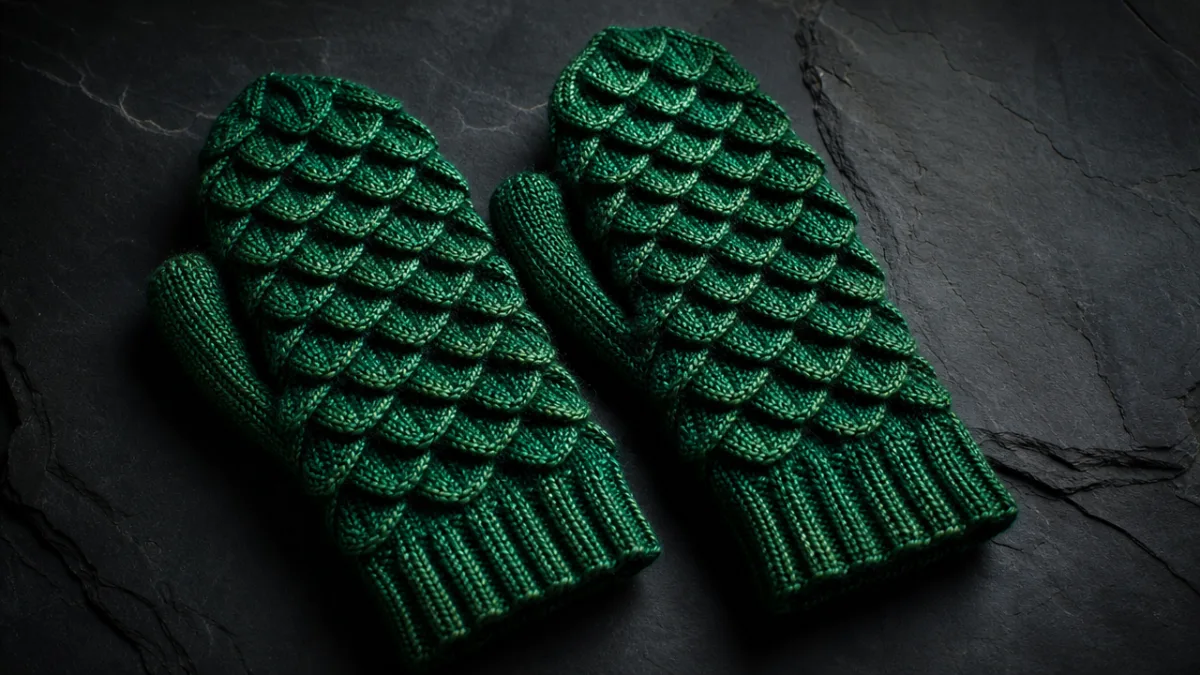pair of emerald green dragon scale knitted mitts displayed on a dark…