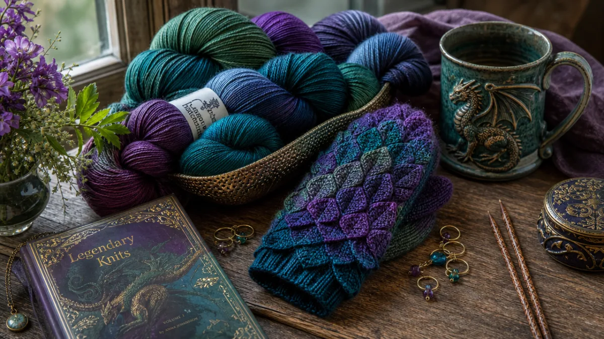 knitting supplies arranged artfully including jewel-toned yarn skeins needles and finished dragon…