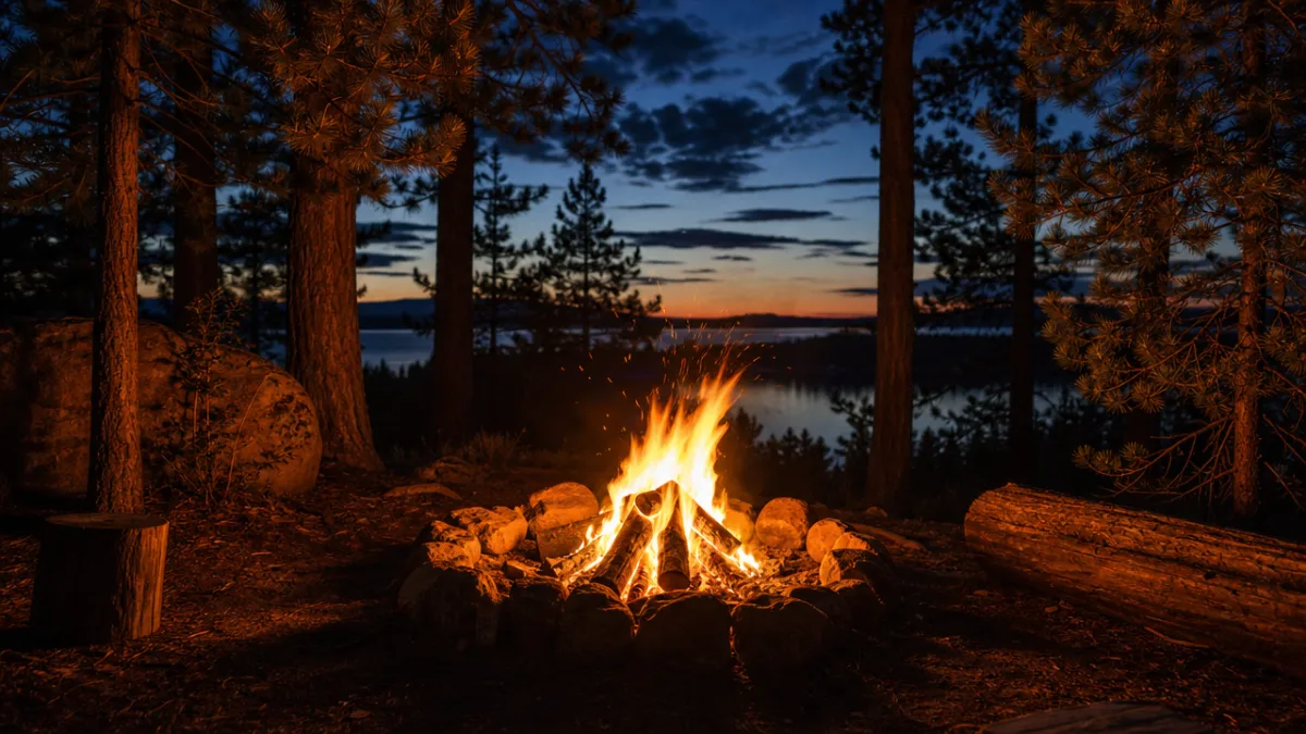 a glowing campfire burning in a stone fire ring at dusk, warm…