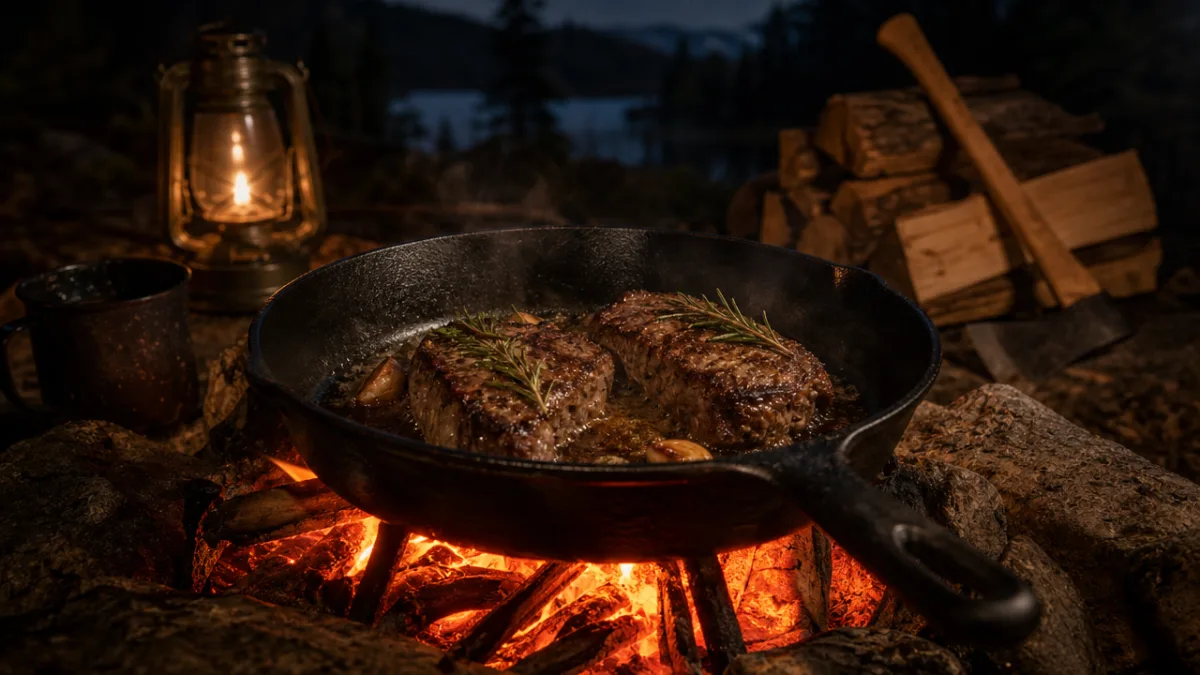 a cast iron skillet sizzling over glowing orange campfire coals at night,…