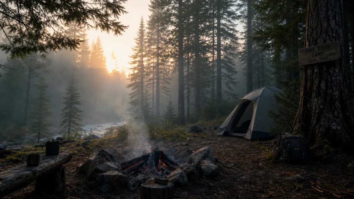 a misty forest campsite at dawn with smoldering fire ring surrounded by…