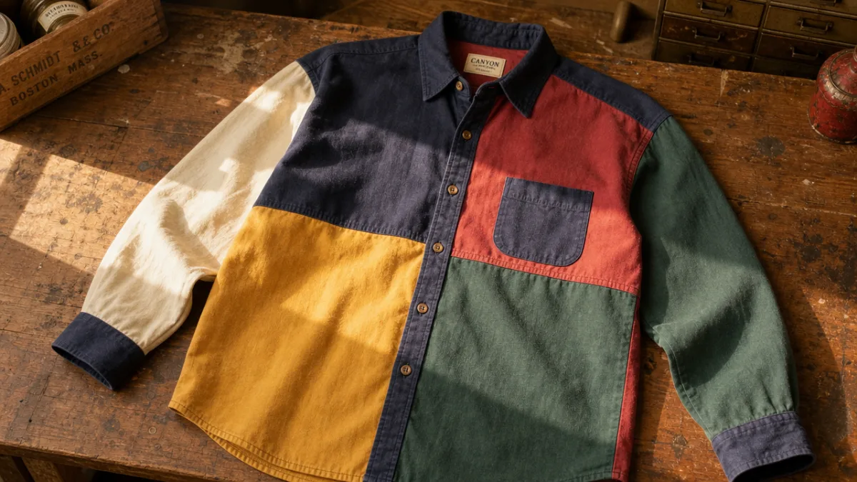a vintage colourblock shirt laid flat on a worn wooden workbench, warm…