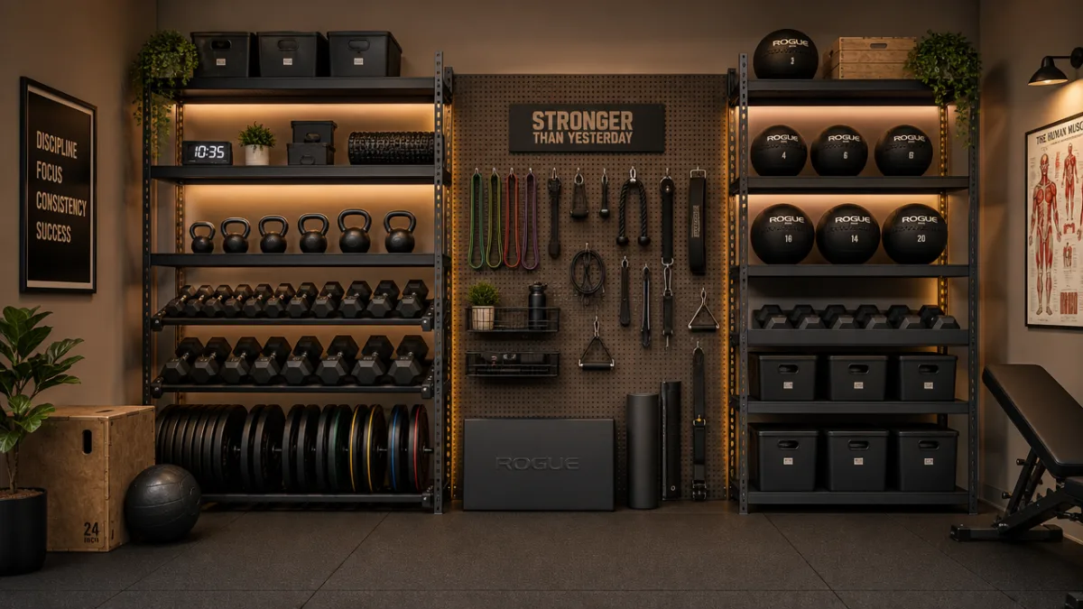 a well-organized home gym storage wall with steel shelving, pegboard accessories, and…