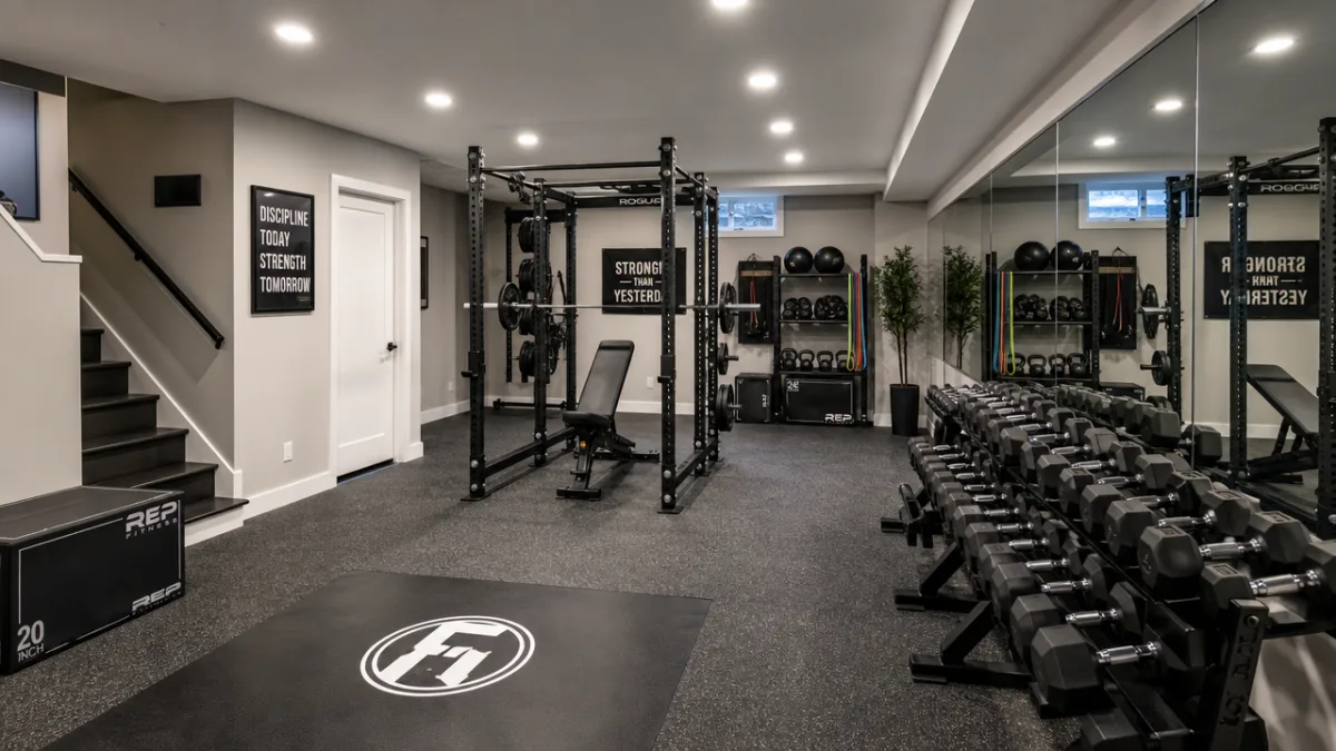 a spacious basement home gym with power rack, dumbbells, and mirror wall,…