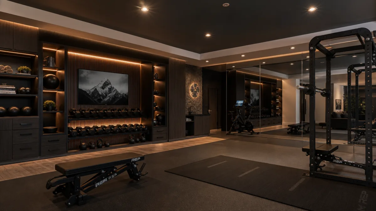 a premium basement gym interior with custom storage wall, mirrors, and sleek…