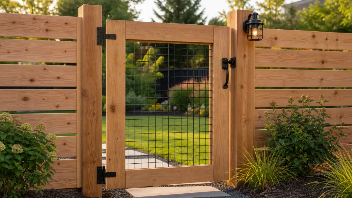 a modern wooden garden gate with black hog wire panel installed on…