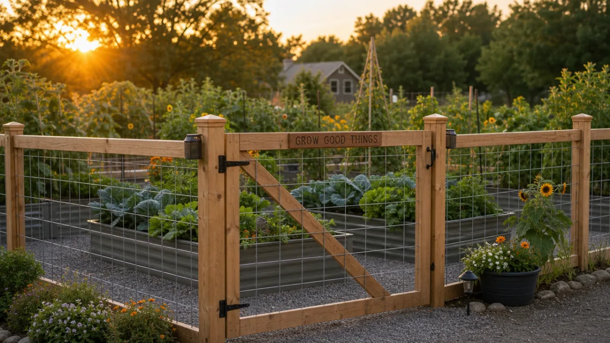 a finished modern hog wire garden fence and gate surrounding a lush…