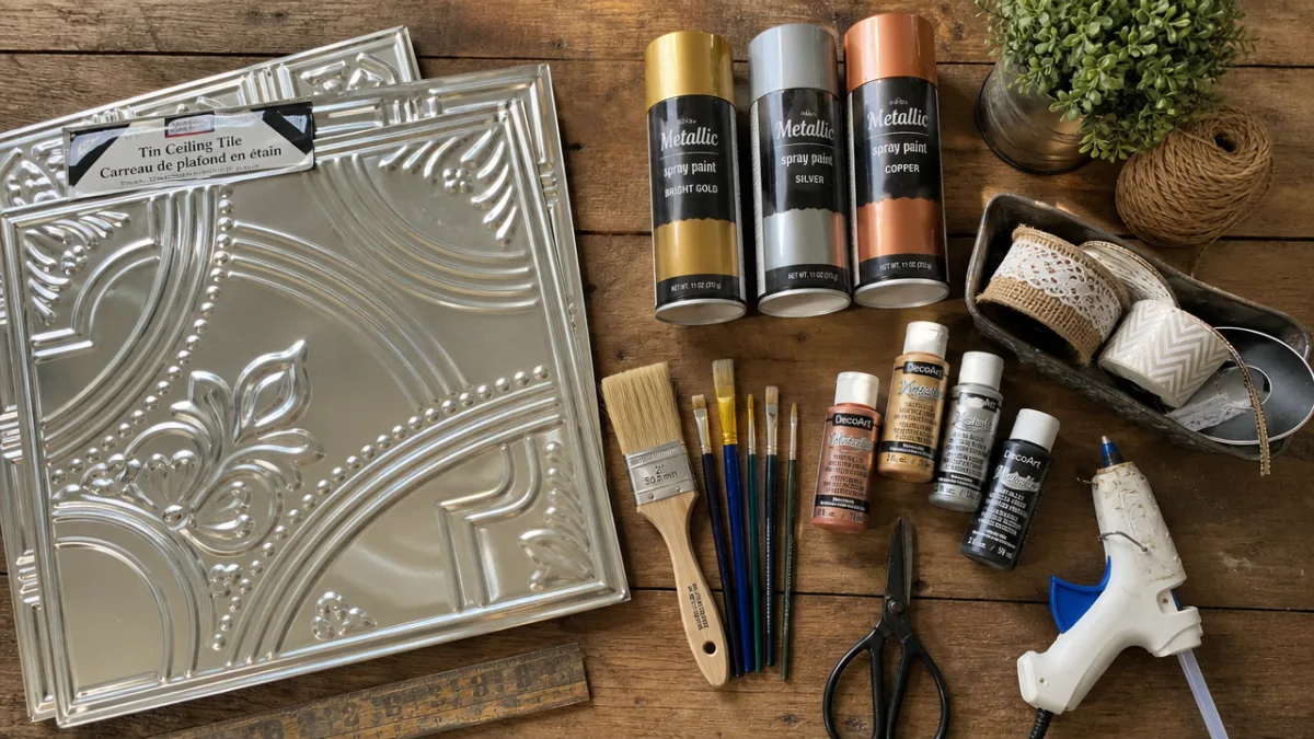 a flat lay of dollar store tin ceiling tiles, paint brushes, metallic…