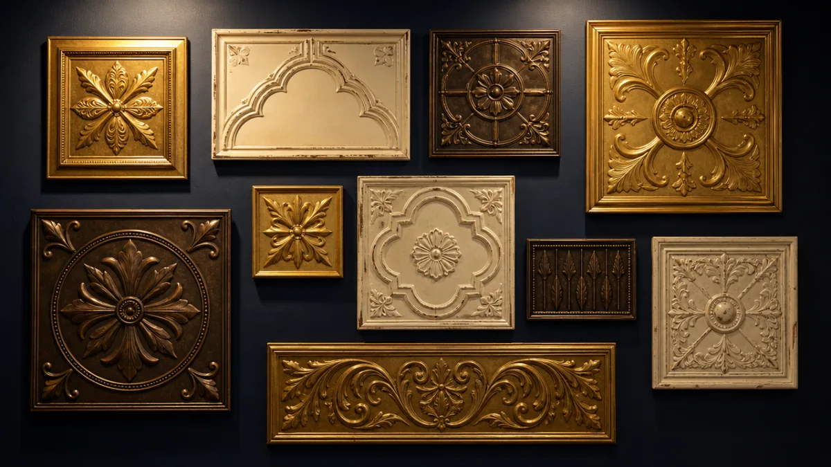 a collection of painted tin tiles in gold, cream and bronze finishes…