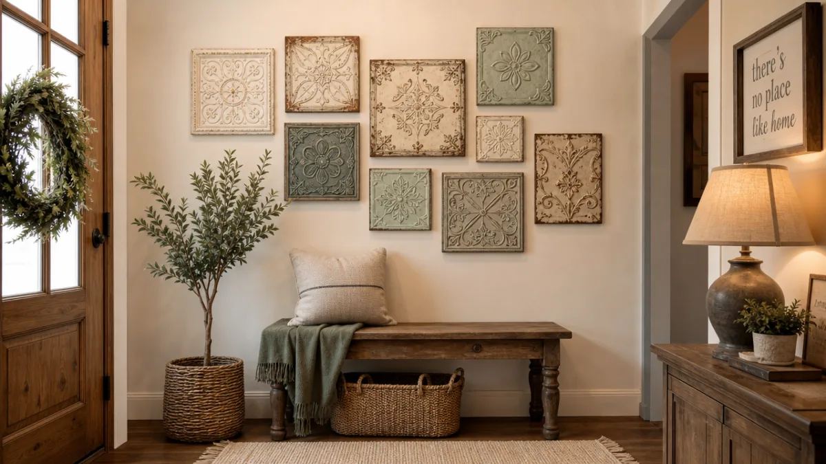 a finished farmhouse entryway with multiple painted tin tiles arranged as gallery…