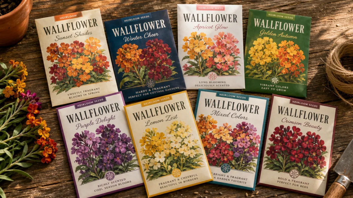 a vibrant collection of wallflower seed packets spread on a rustic wooden…