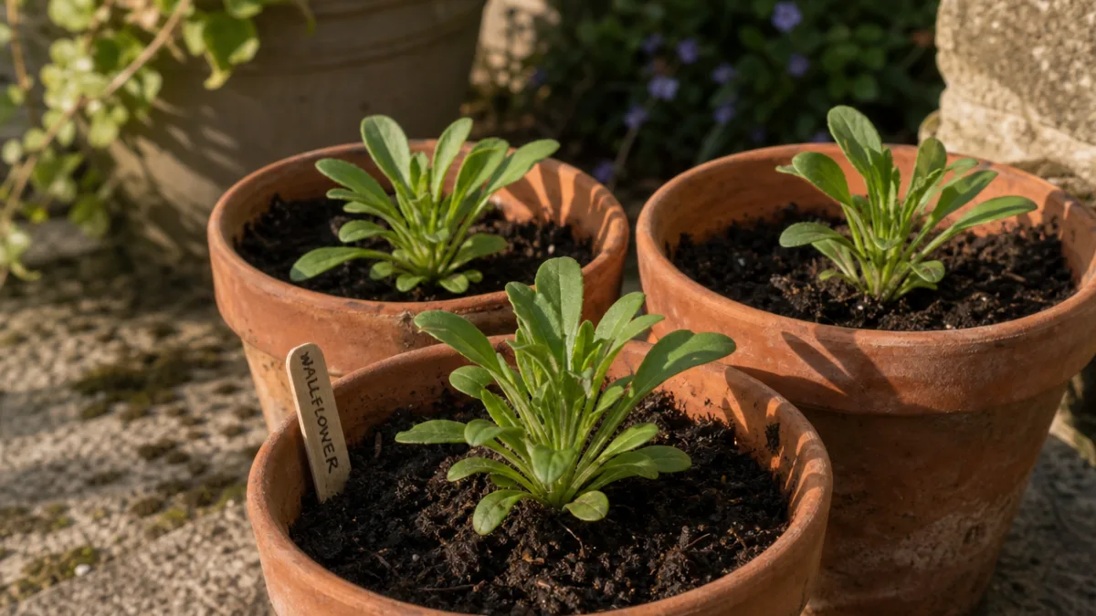 young wallflower seedlings growing in terracotta pots outdoors, soft morning light with…