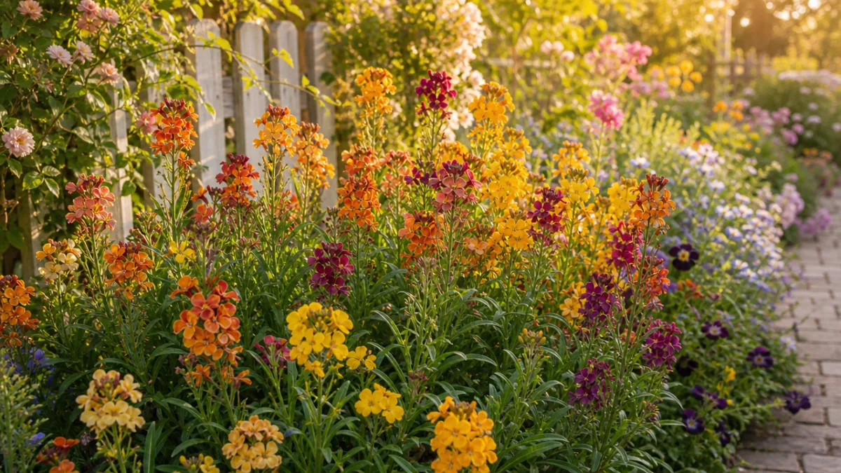 established wallflower plants blooming in a cottage garden border, golden afternoon spring…