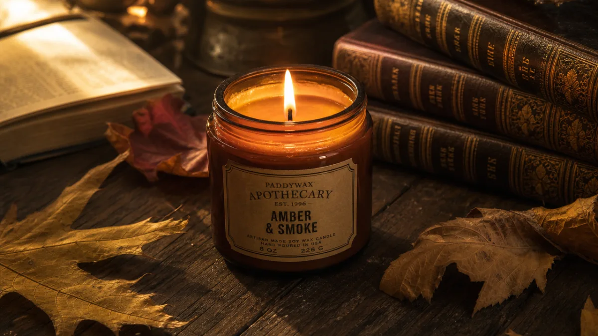 a close-up of a lit amber candle on a dark oak table…