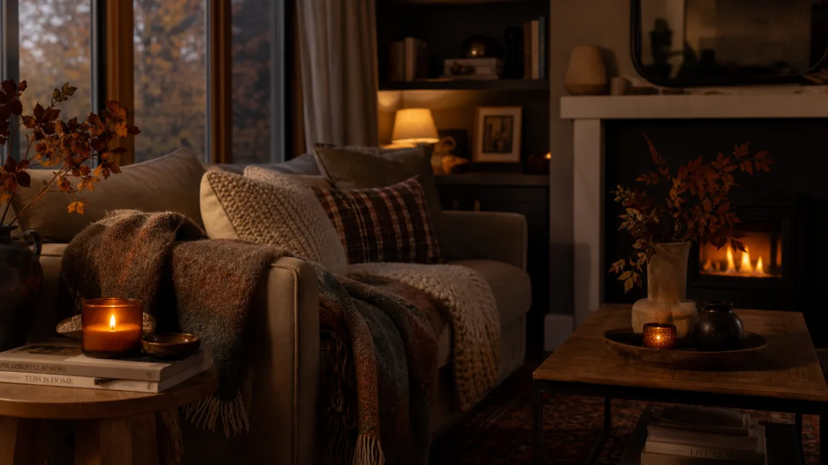 a cozy fall living room with textured wool throws, amber candle glowing…