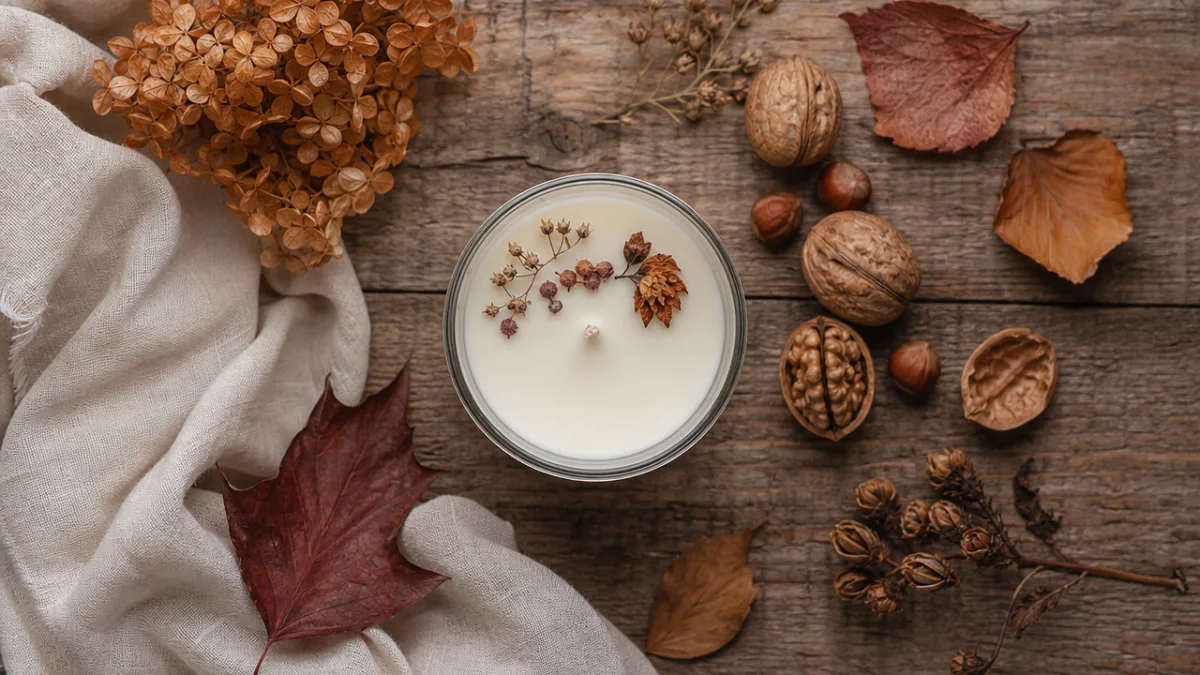 a flat lay of a soy candle in a glass vessel with…