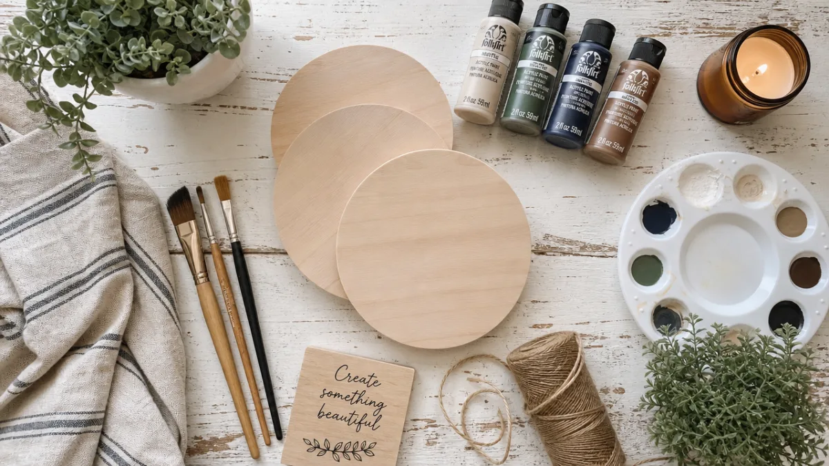 a flat lay of wood crafting supplies including paints, brushes, and circular…