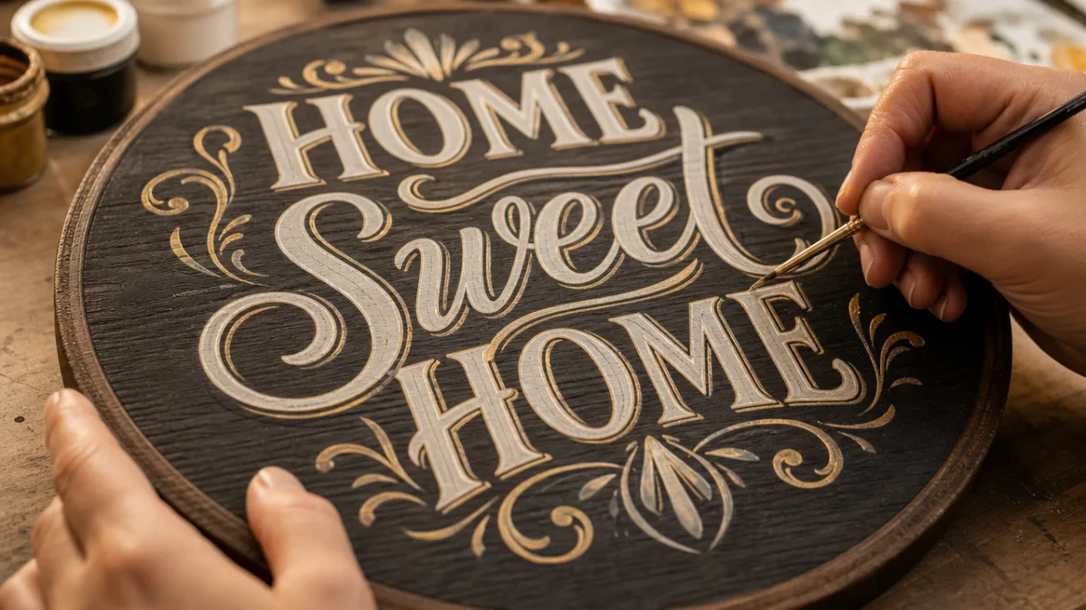 close-up of hands painting intricate lettering on a round wood sign, soft…