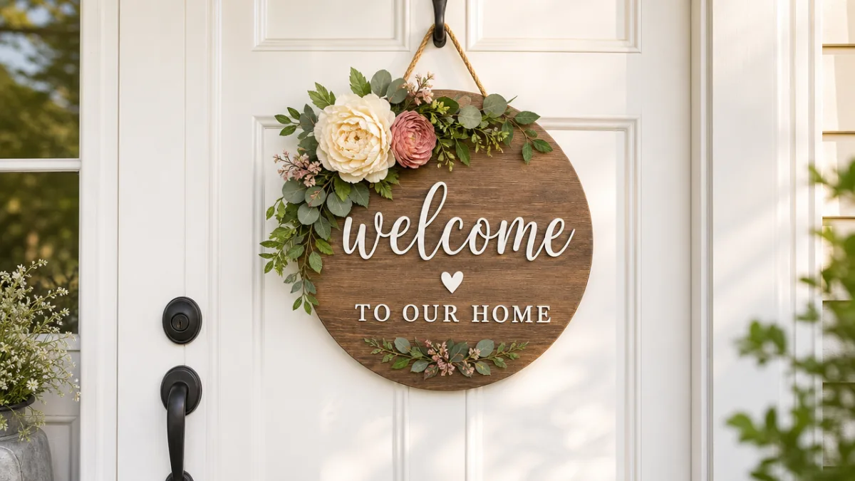 a finished round wood door hanger with floral embellishments hanging on a…