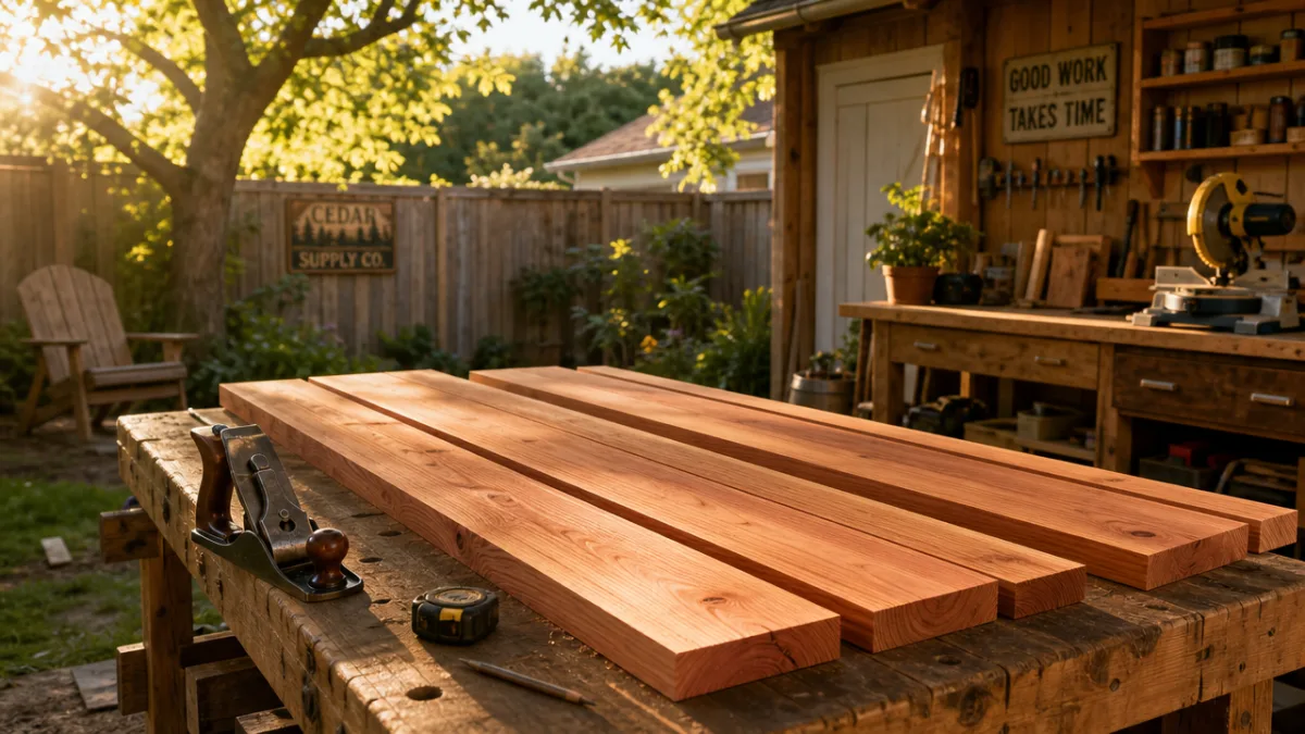 a sunlit backyard workshop with cedar lumber planks laid out on a…