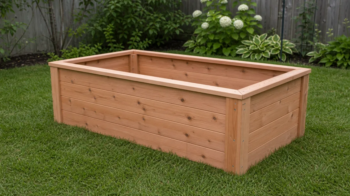 a freshly assembled cedar raised garden bed sitting on a green lawn,…