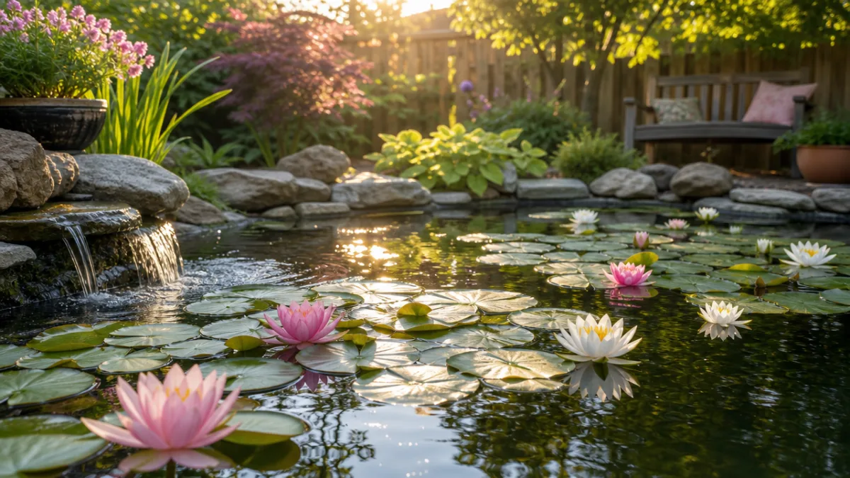a sunlit backyard garden pond with blooming water lilies in pink and…