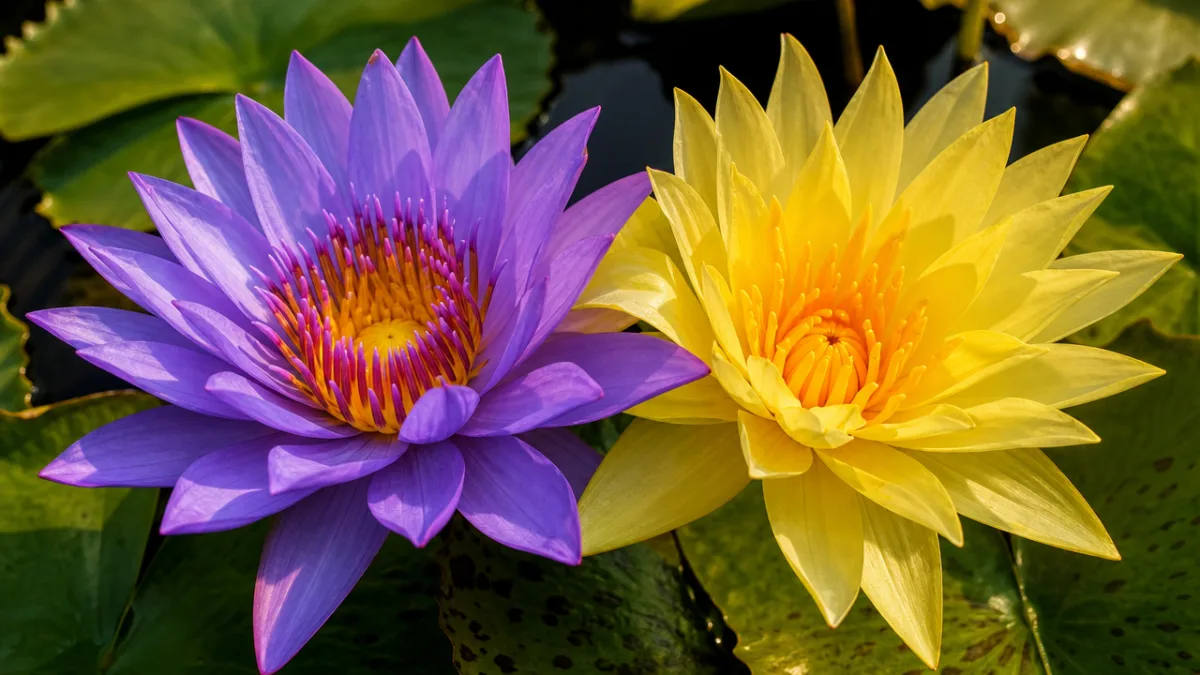 close-up of vibrant tropical water lily blooms in purple and yellow with…