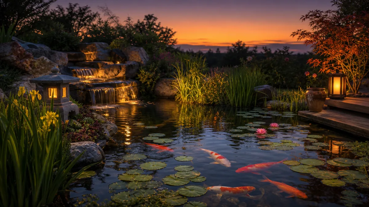 a peaceful garden water feature with koi fish, floating lily pads, and…