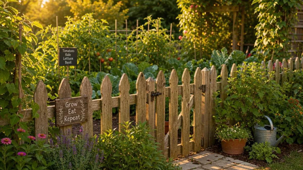 a charming wooden picket vegetable garden fence surrounded by lush green plants,…