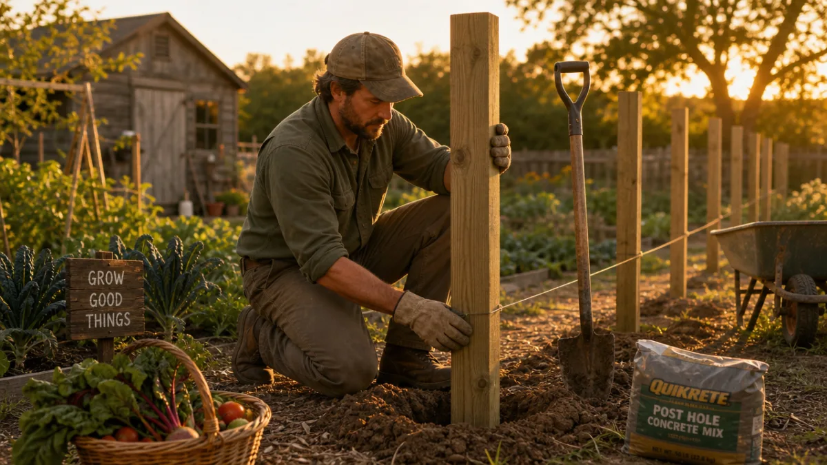 a gardener installing wooden fence posts in a sunny backyard vegetable garden,…