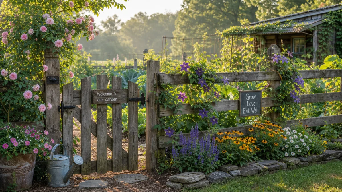 a well-maintained rustic vegetable garden fence with climbing vines and blooming flowers,…