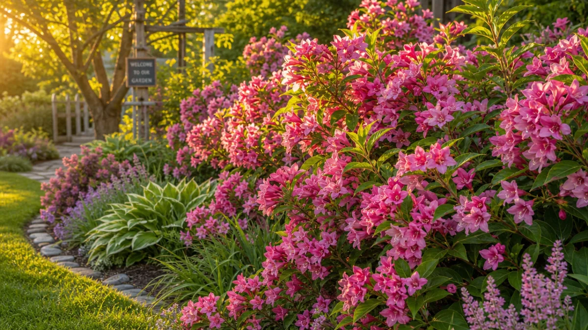 a lush garden border showcasing weigela shrubs in full pink bloom, warm…