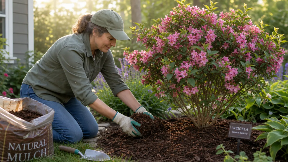 a gardener applying mulch around the base of a blooming weigela shrub,…