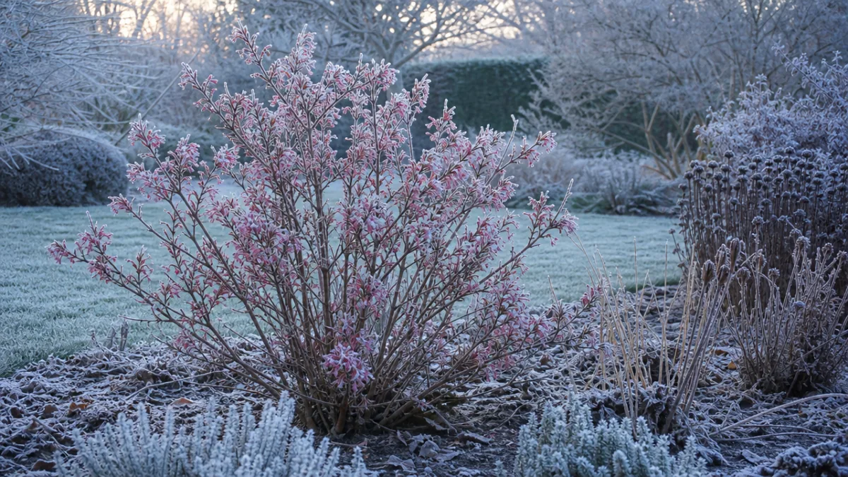 a weigela shrub in a winter garden with frost-covered ground, cool blue-grey…