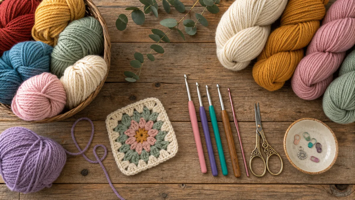 a flat lay of colorful crochet yarn skeins, hooks, and scissors on…