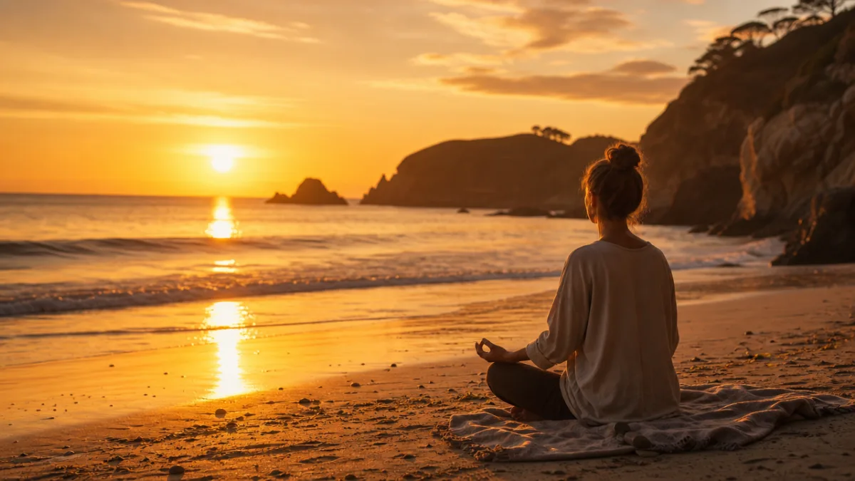 a serene coastal meditation scene at golden hour, warm amber light reflecting…