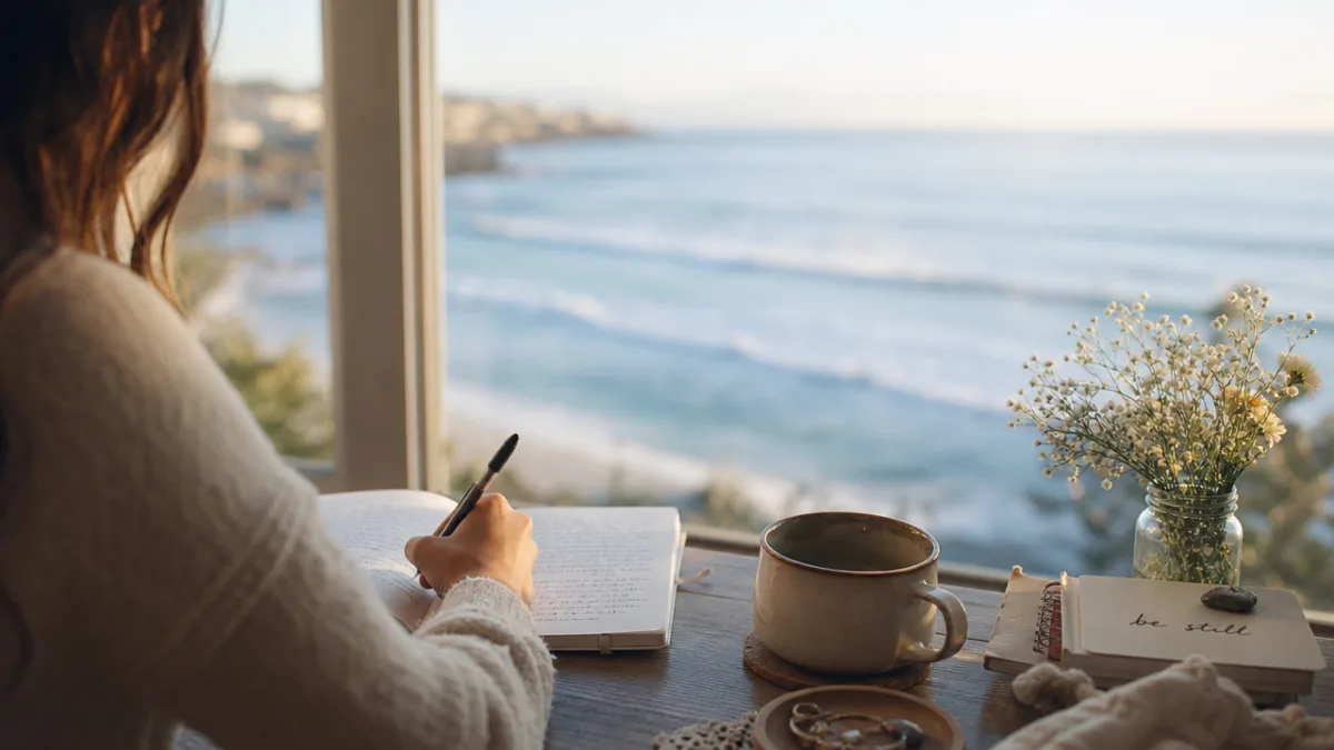 a soft focus journaling scene beside a window with ocean view, morning…