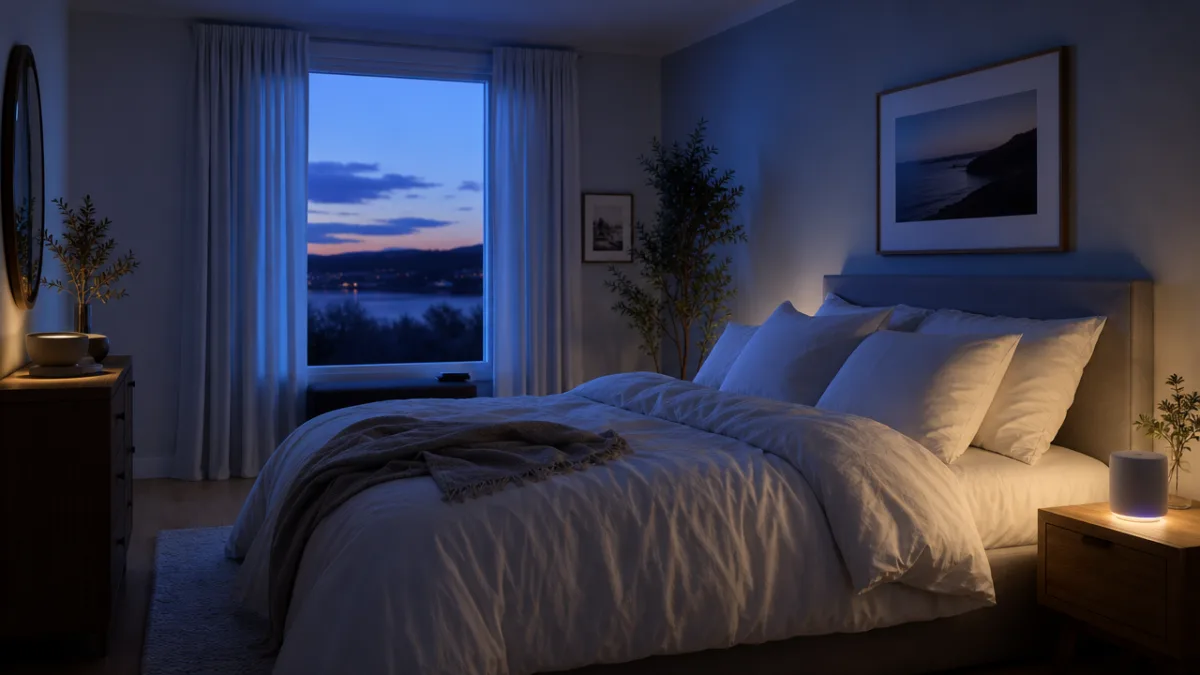 a peaceful bedroom at dusk with soft blue ambient lighting and white…