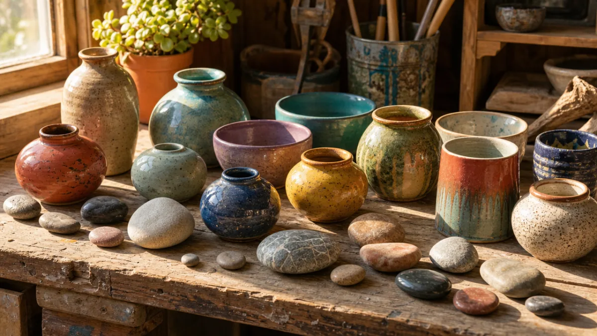 an array of colorful ceramic pots and smooth river stones laid out…
