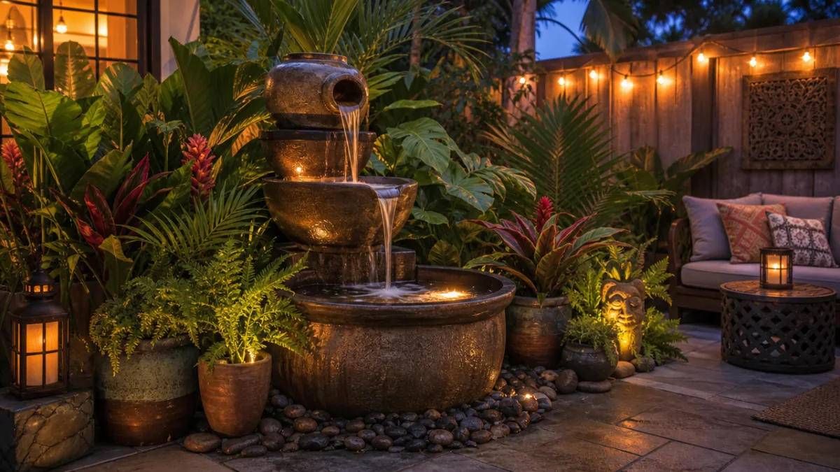 a tiered multi-container fountain surrounded by lush tropical plants on a cozy…