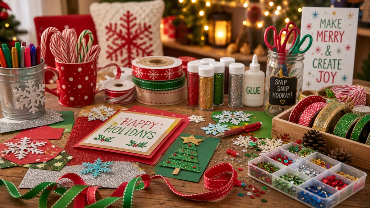 a colorful craft table covered in holiday supplies, glitter, paper, and ribbons,…