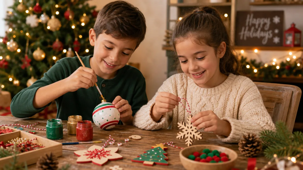 two school-age children crafting holiday ornaments at a wooden table, soft warm…