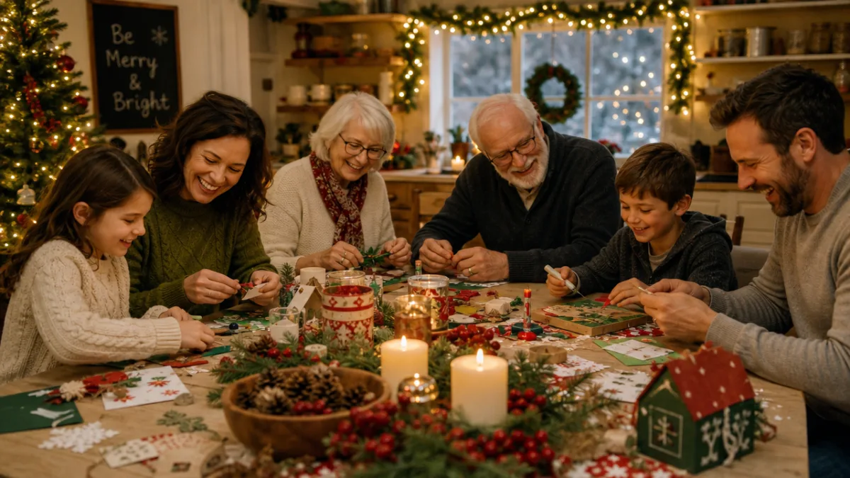 a multigenerational family crafting together around a large kitchen table, warm candlelight…